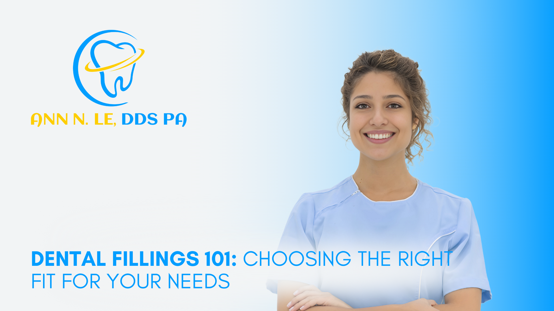 a girl is smiling on a blue background