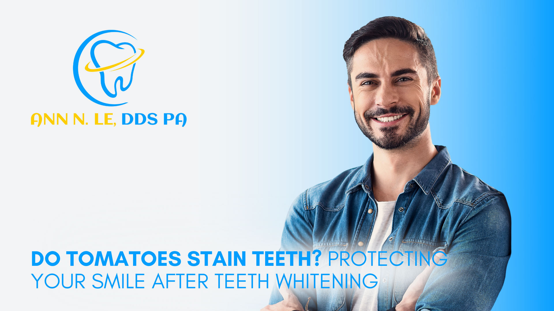 Man smiling, dental logo, text: 