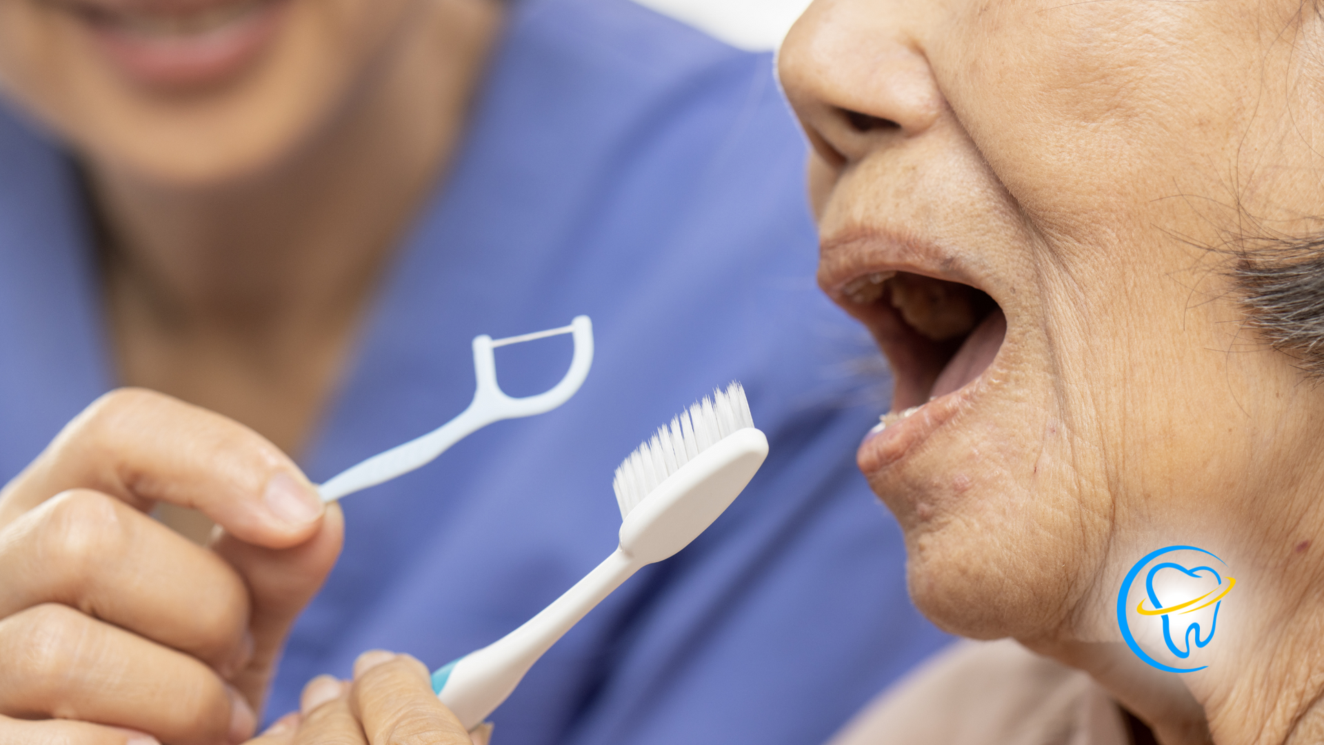 An elderly woman is brushing her teeth with a toothbrush and floss.