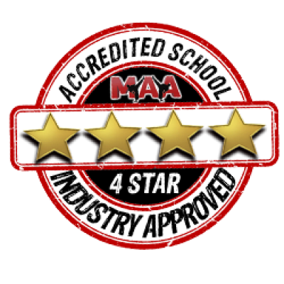 A stamp that says accredited school max industry approved