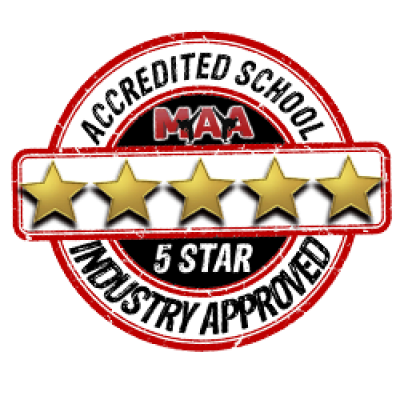 A stamp that says accredited school max industry approved