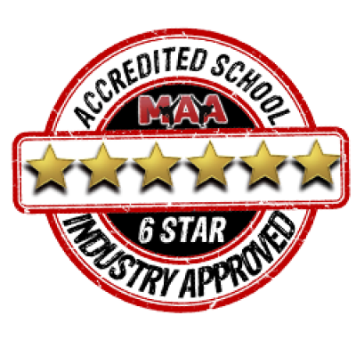 A stamp that says accredited school max 6 star industry approved