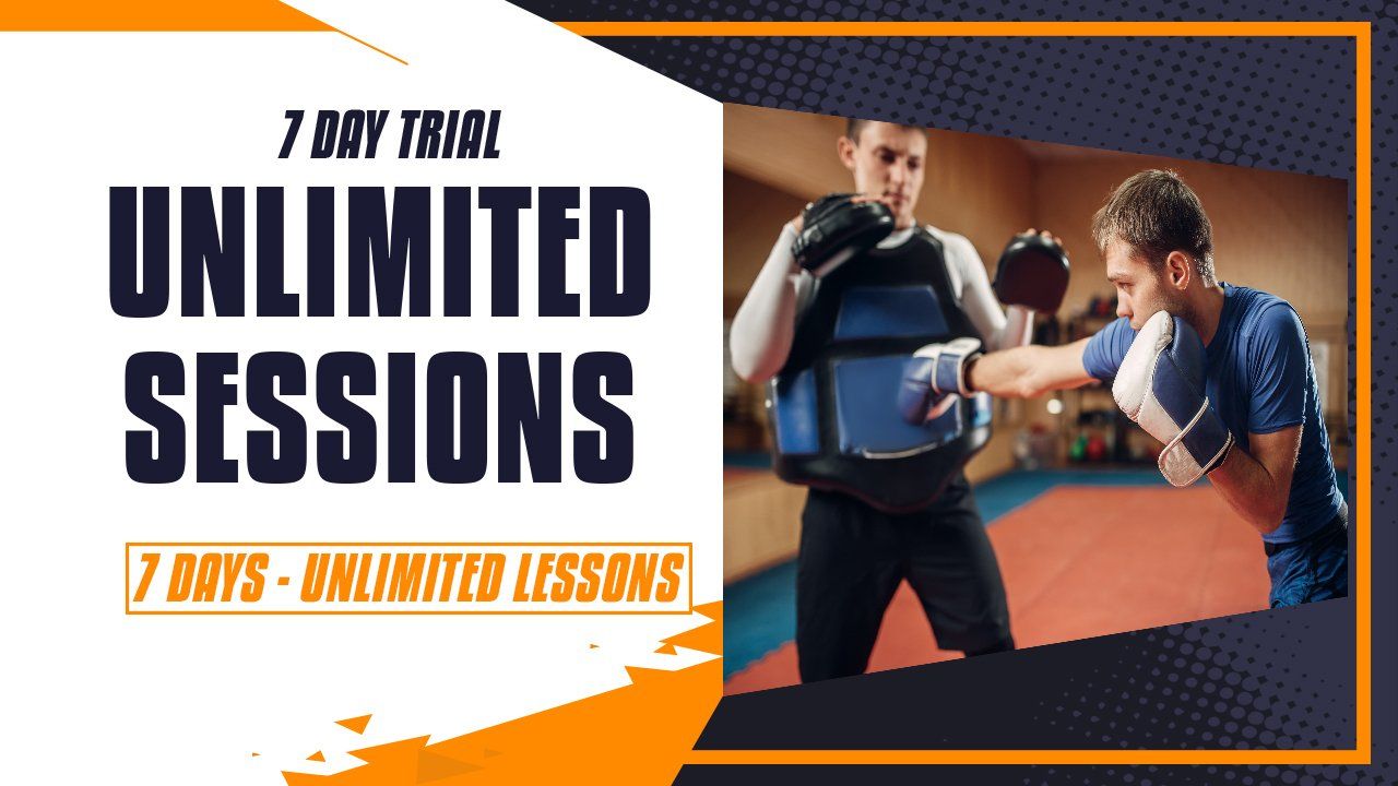 Two men are boxing in a gym with the words `` unlimited sessions '' on the bottom.