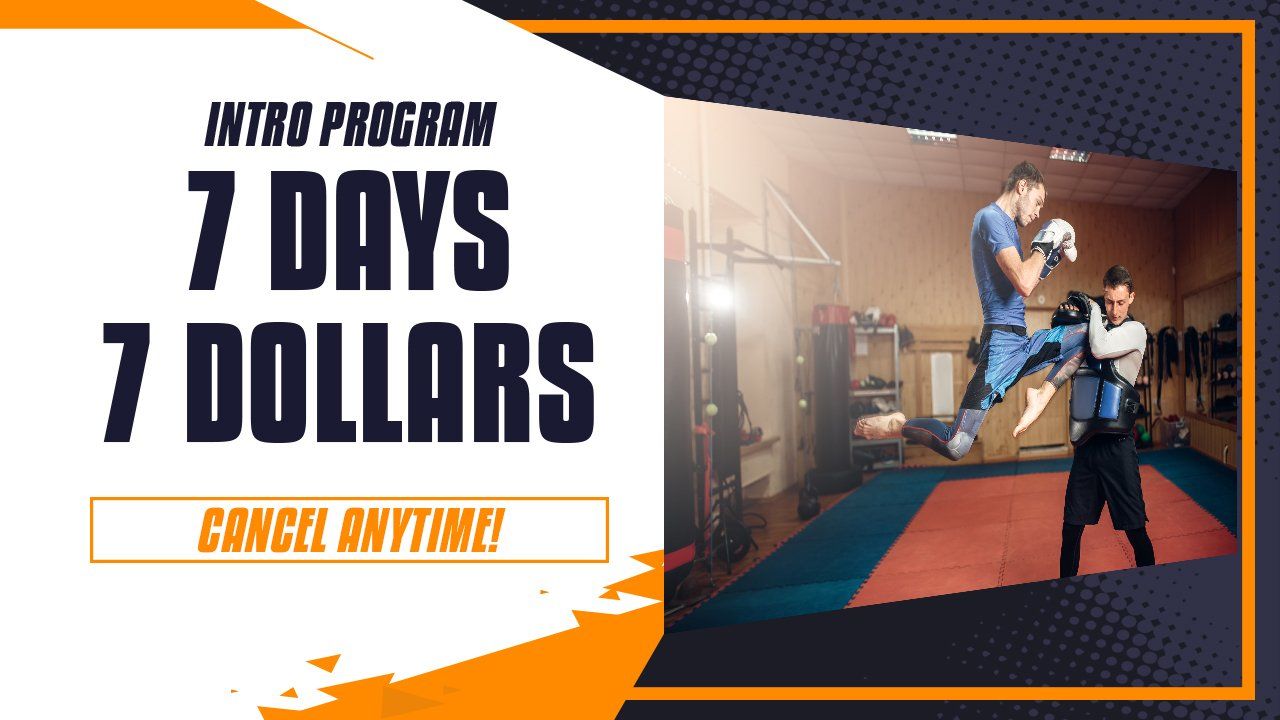 Two men are boxing in a gym with the words `` 7 days 7 dollars '' on the bottom.