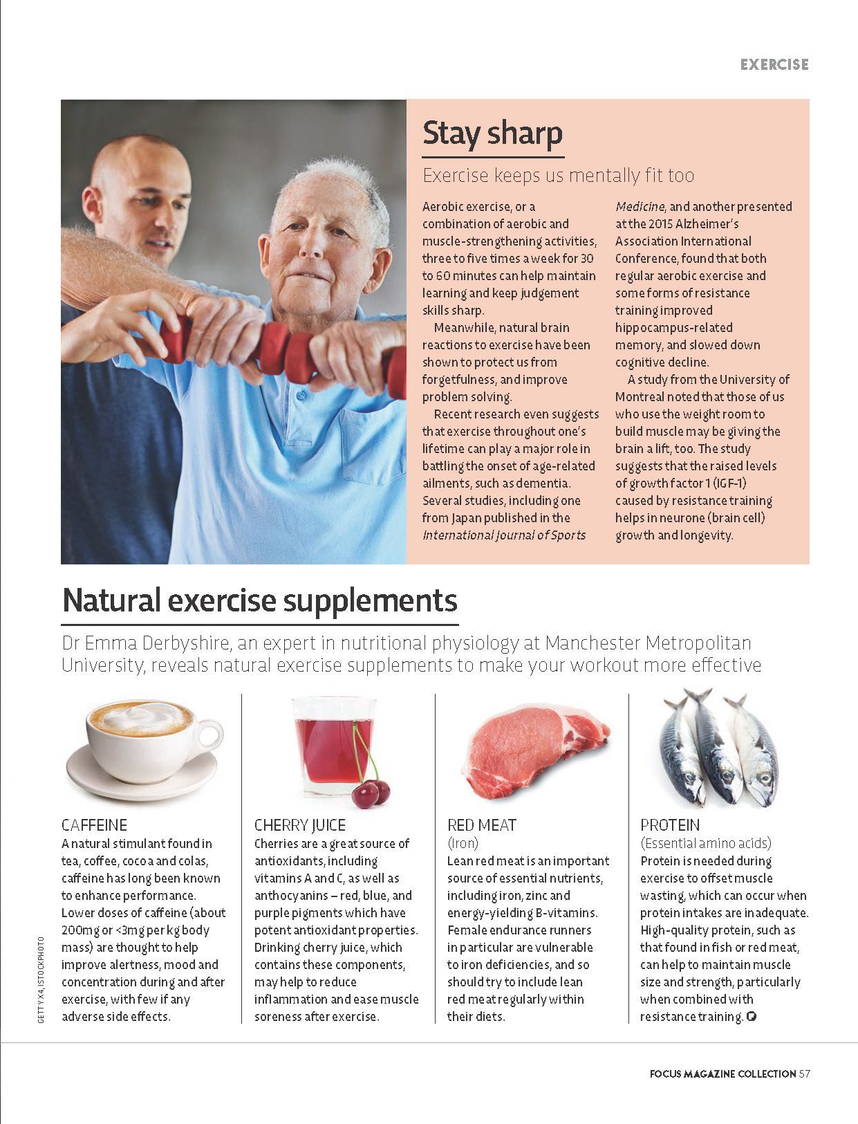 A man is holding a dumbbell next to an older man who is holding a dumbbell.