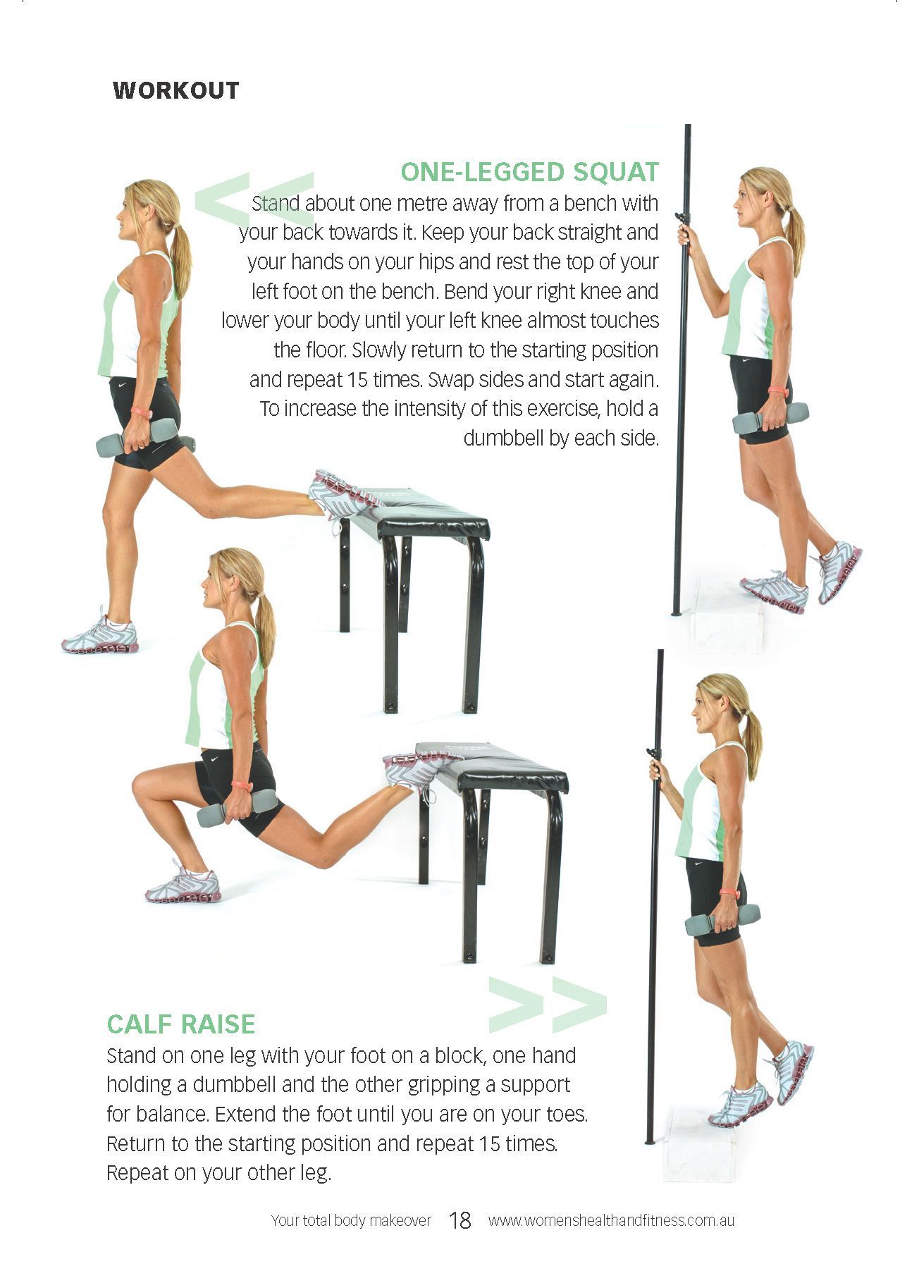 A woman is doing a calf raise exercise with dumbbells.