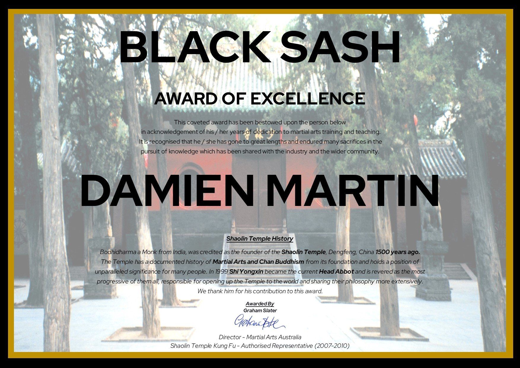 A black sash award of excellence certificate for damien martin