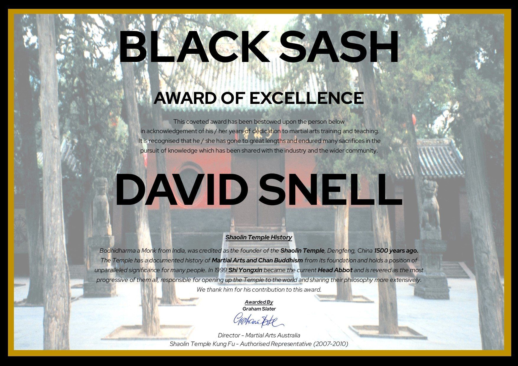 A certificate that says black sash award of excellence david snell