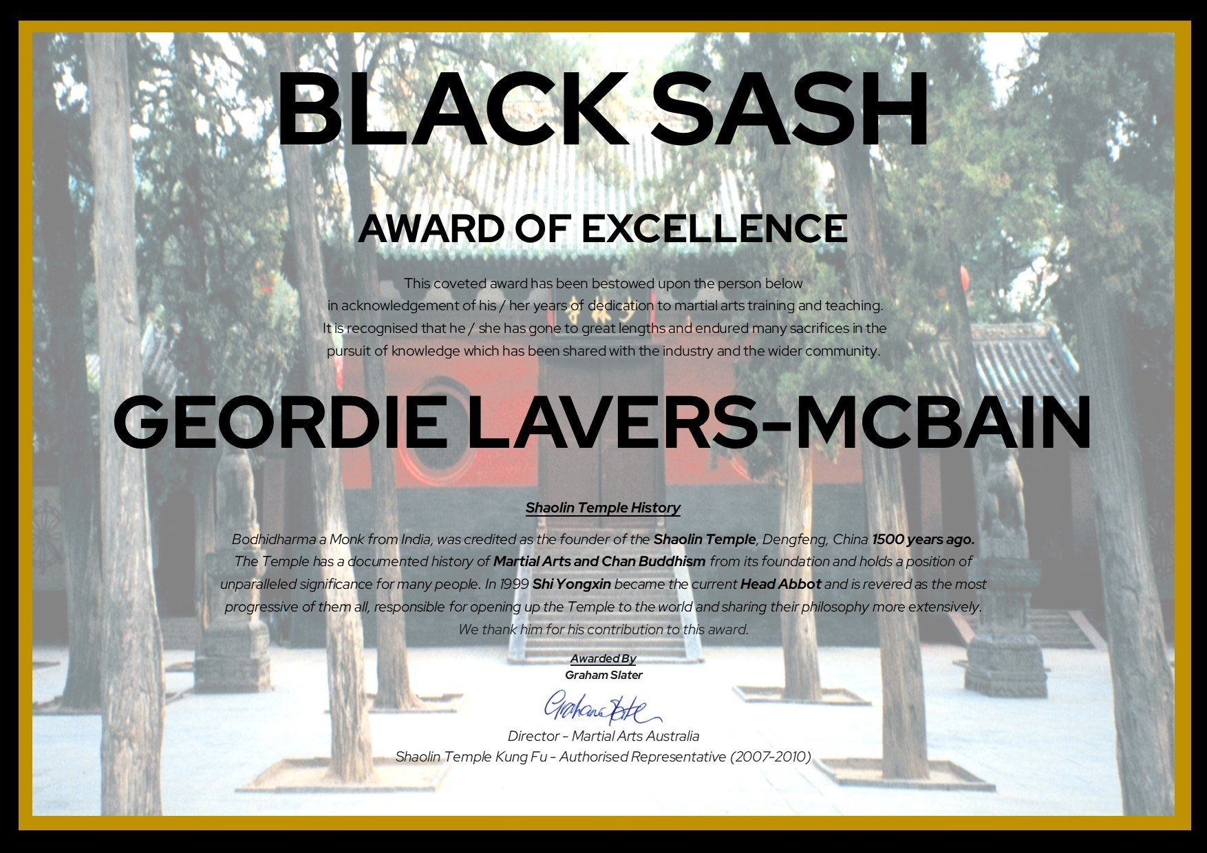 A certificate that says black sash award of excellence