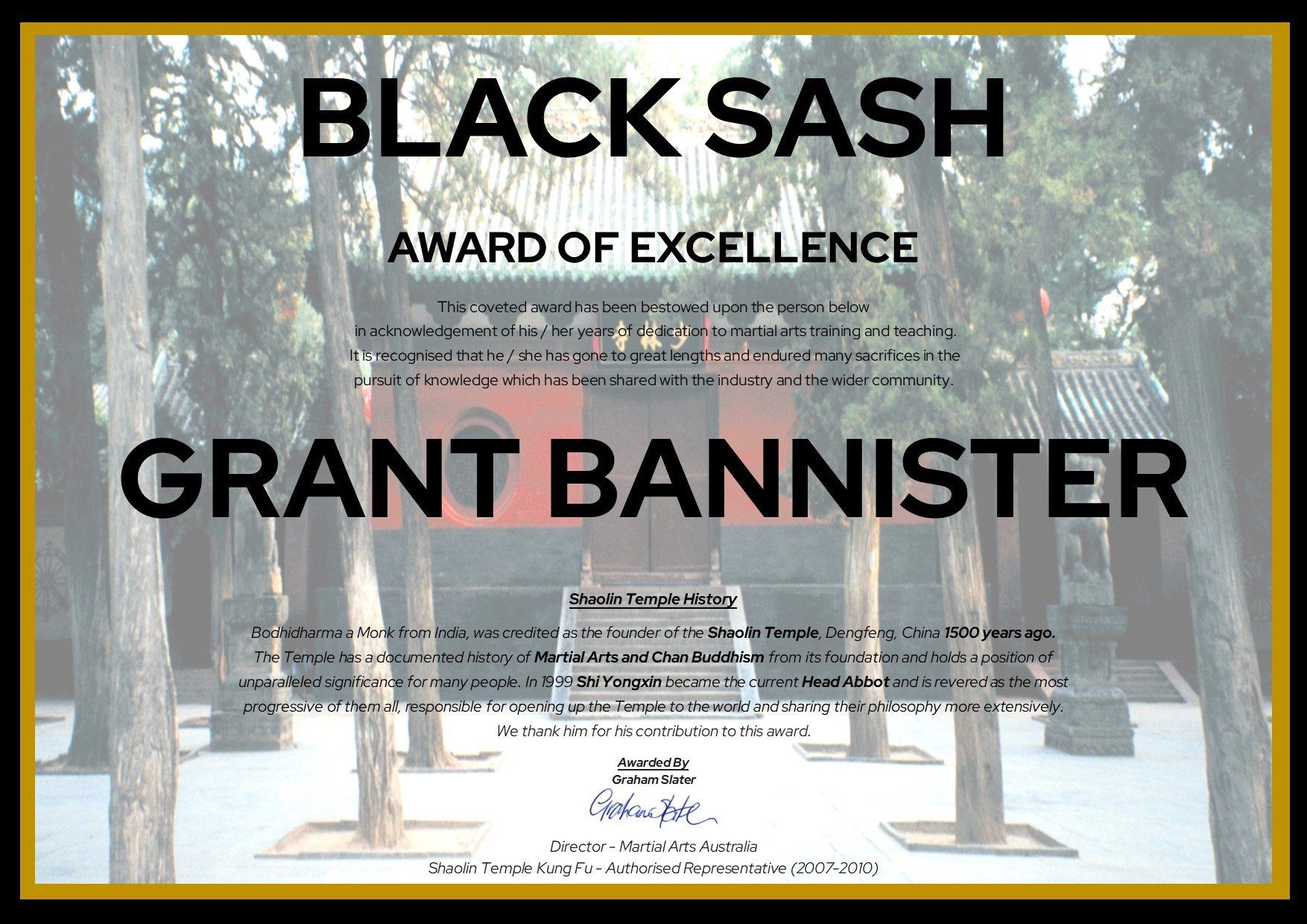 A black sash award of excellence certificate for grant bannister