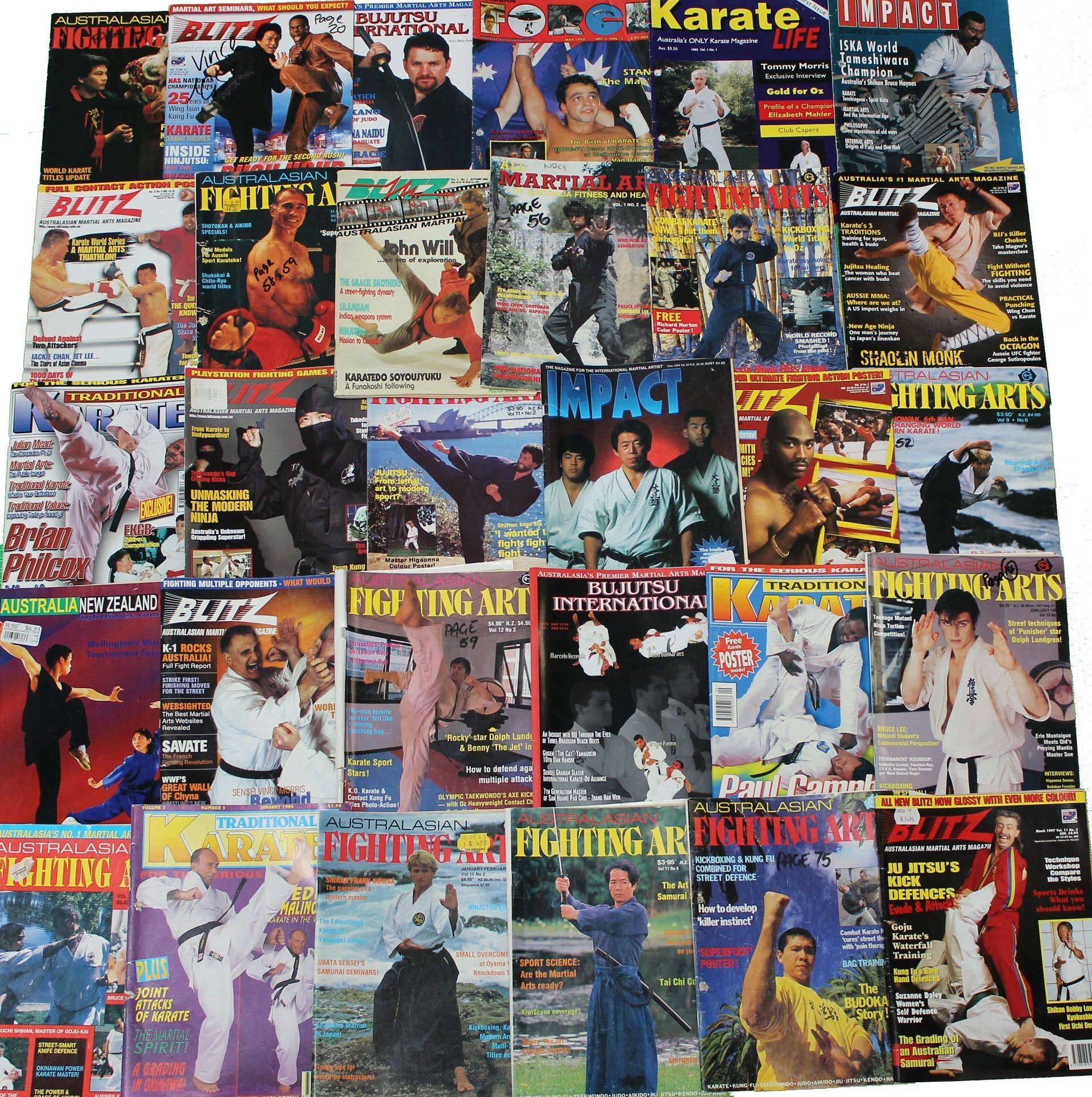 A collage of karate magazines including karate life