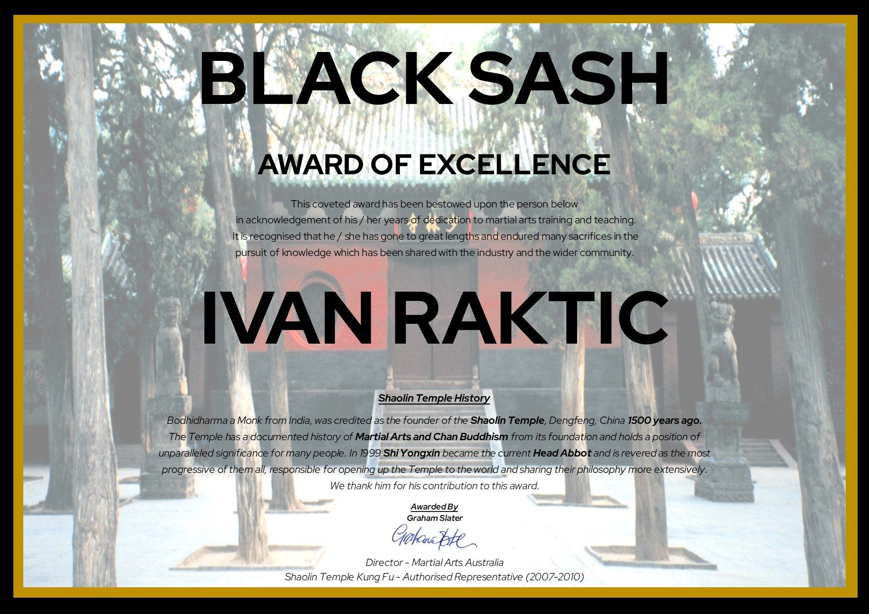 A certificate that says black sash award of excellence ivan raktic