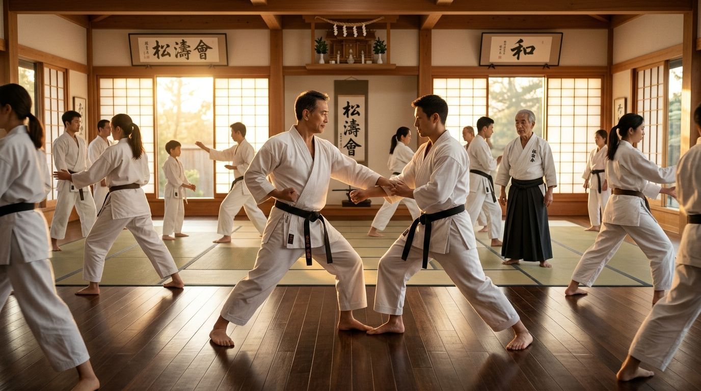 Martial arts class practicing sparring in a wooden dojo, with students in white uniforms and black belts.