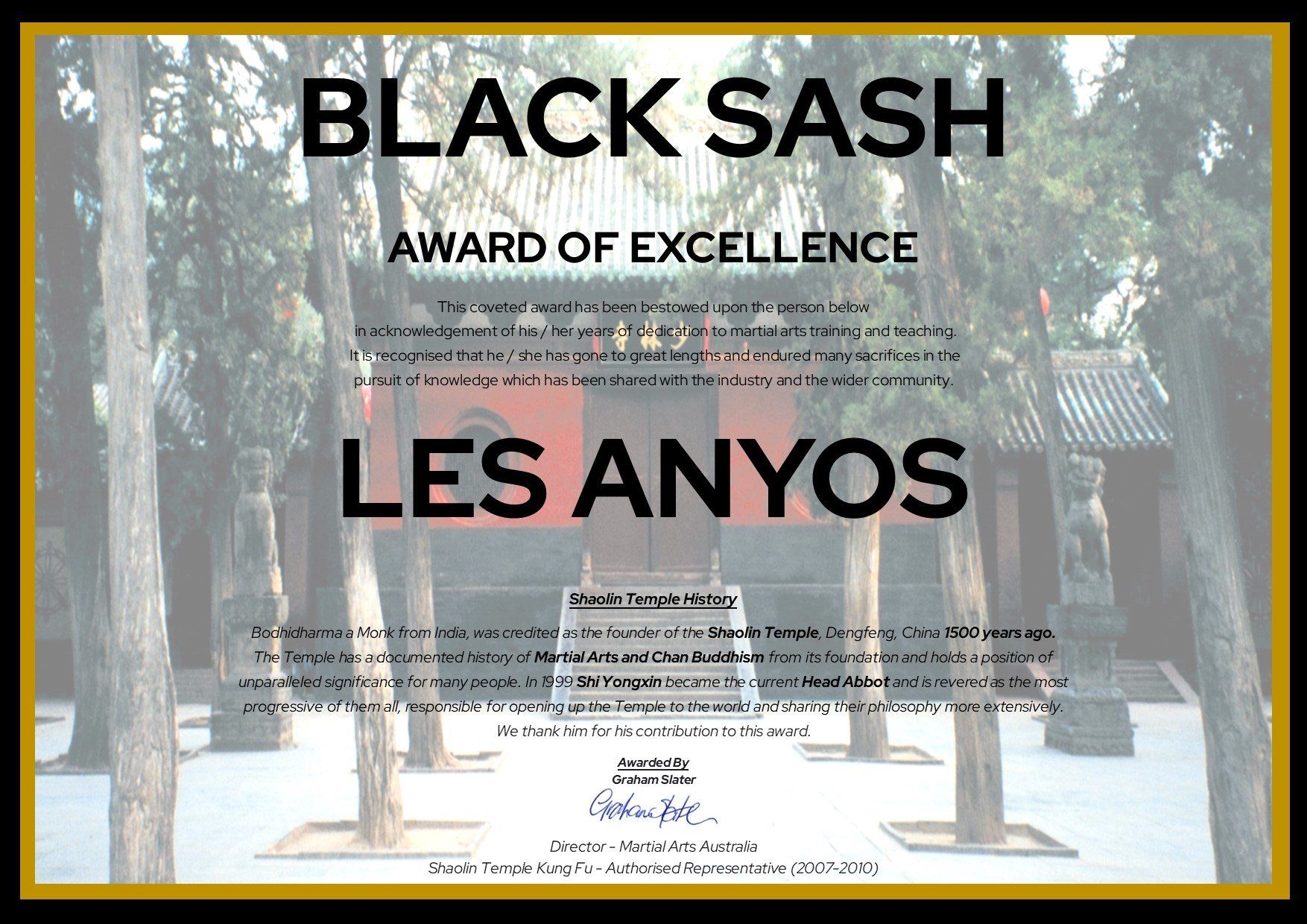 A certificate that says black sash award of excellence les anyos