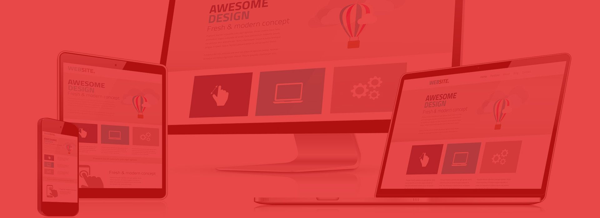 A red background with a laptop , tablet , and phone.