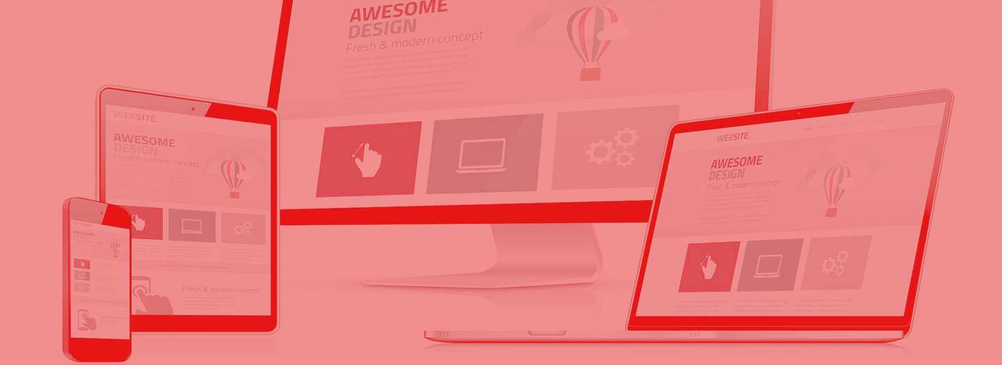 A red background with a laptop , tablet , and phone.