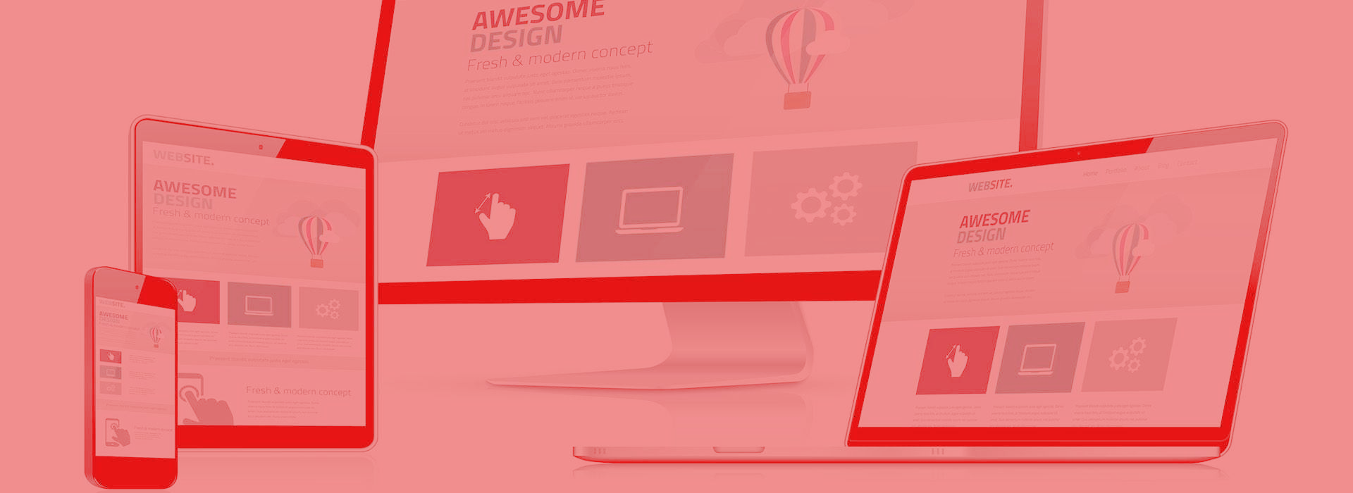 A red background with a laptop , tablet , and phone.