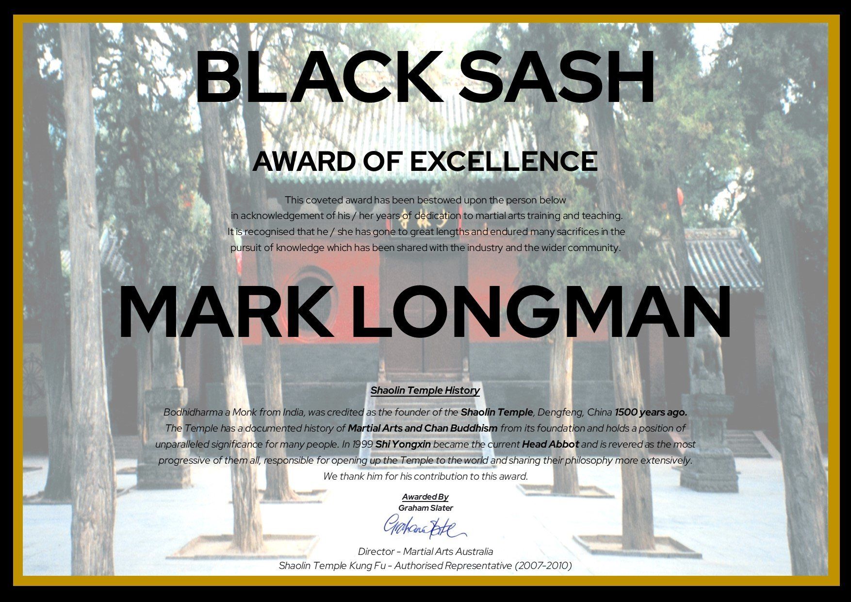 A black sash award of excellence for mark longman