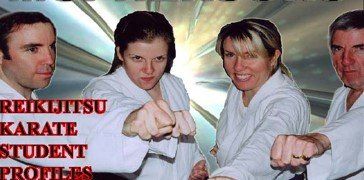 A group of people standing next to each other with the words reikijitsu karate student profiles on the bottom