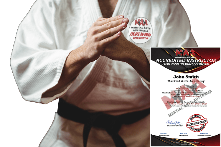 A man in a karate uniform has an accredited instructor certificate