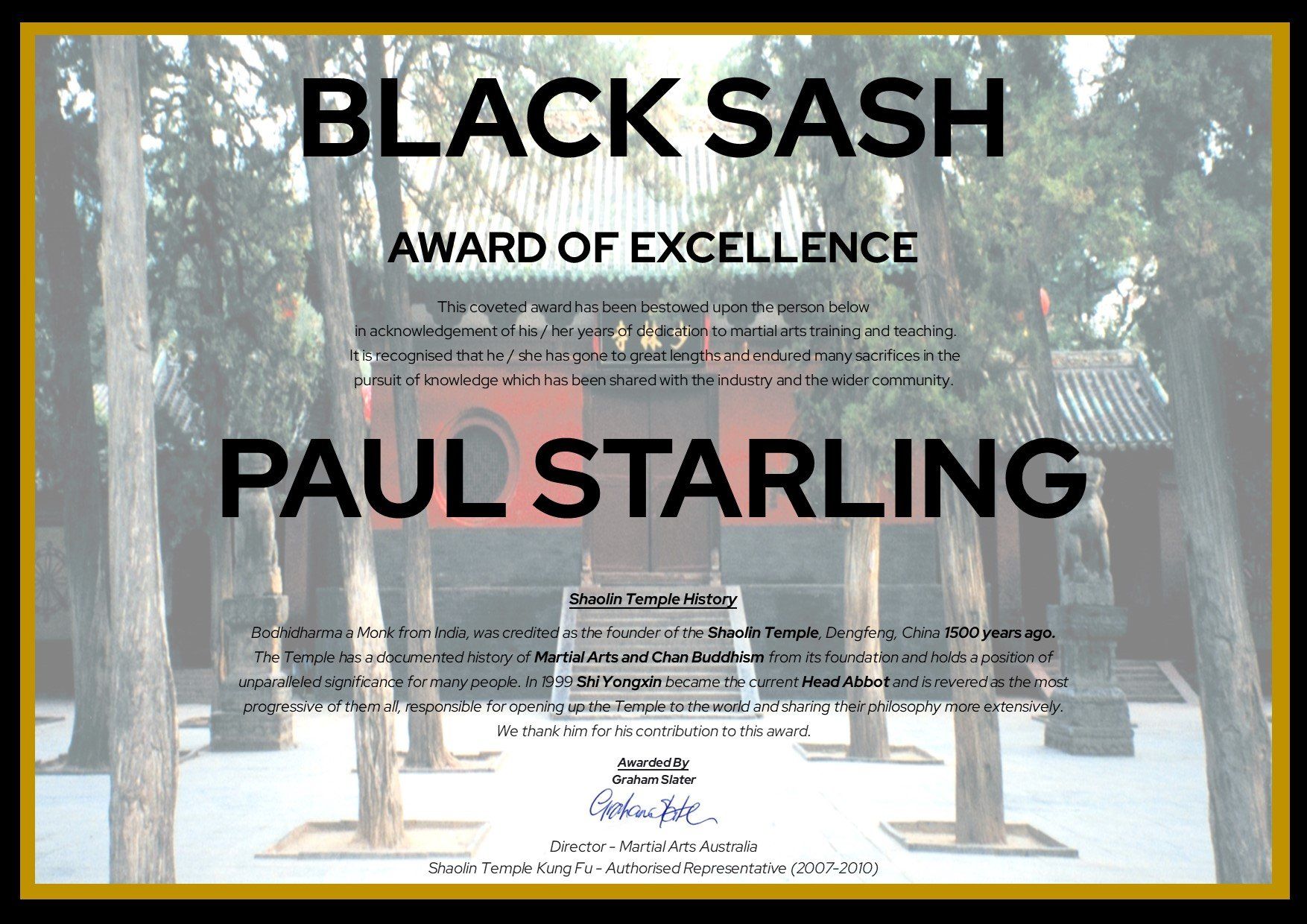A black sash award of excellence certificate for paul starling