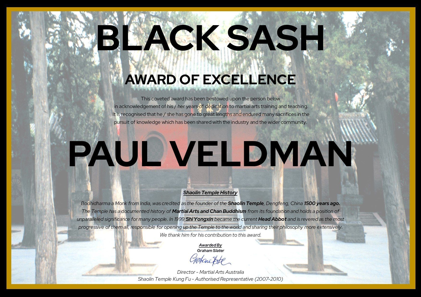 A black sash award of excellence certificate for paul veldman