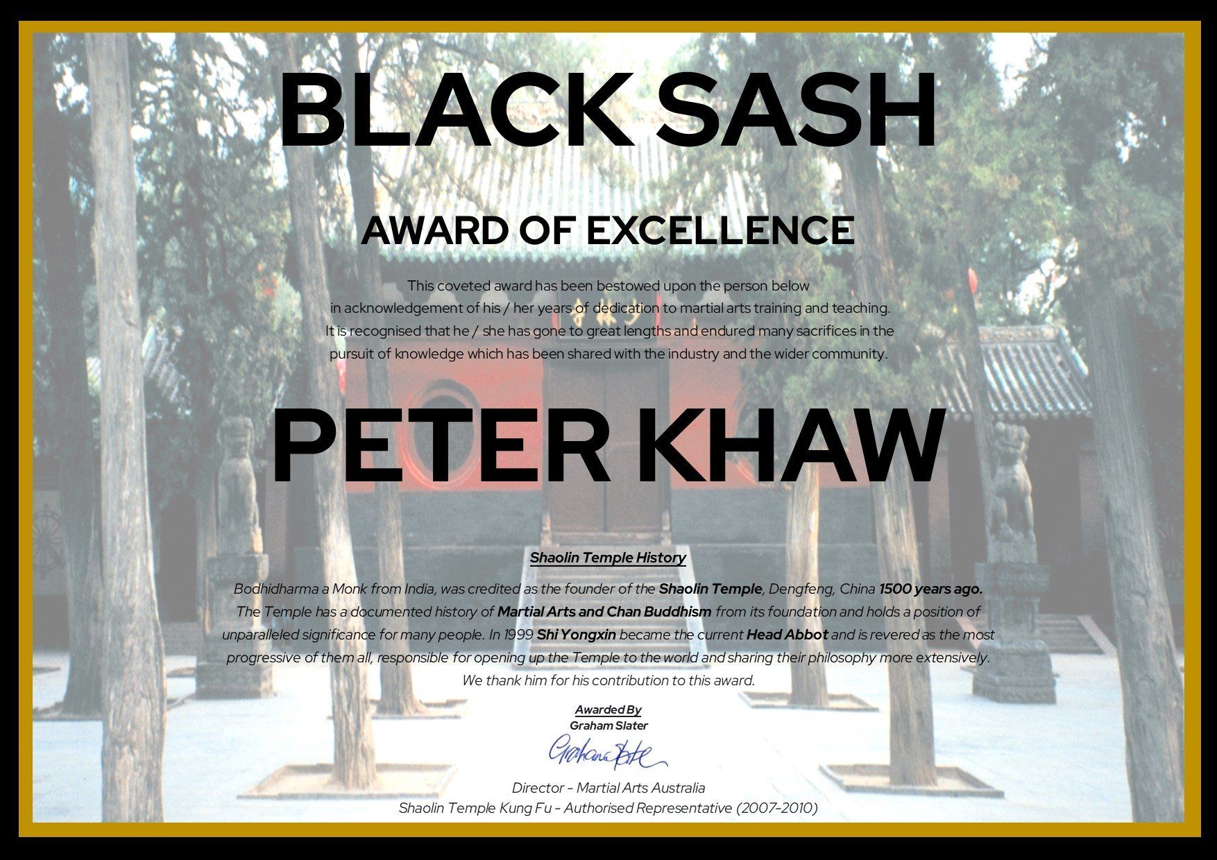 A black sash award of excellence for peter khaw