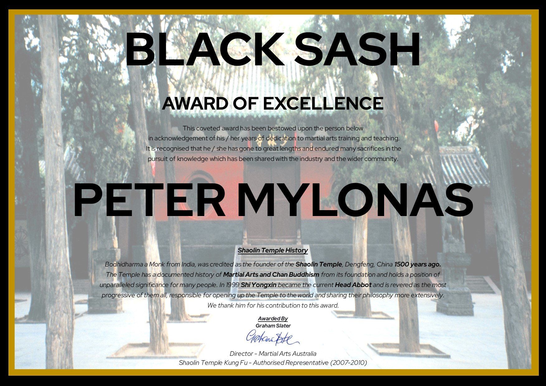 A black sash award of excellence certificate for peter mylonas