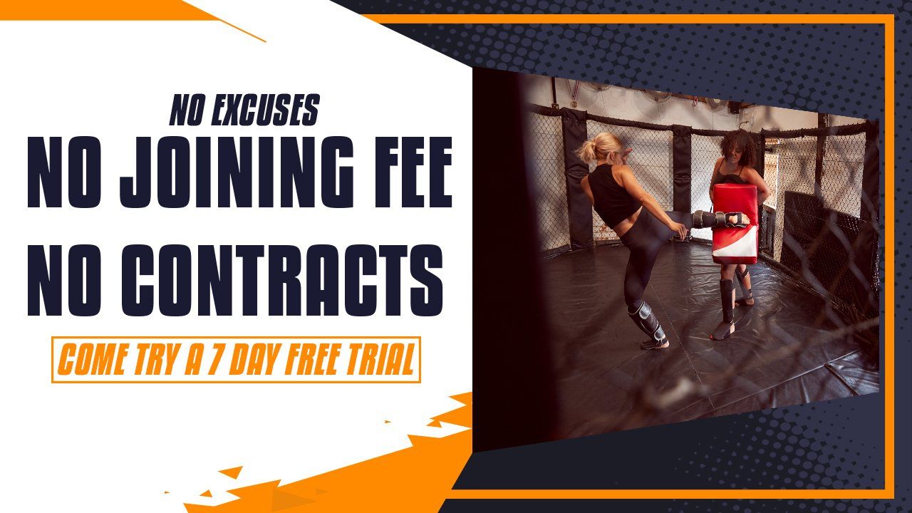 A poster that says no excuses no joining fee no contracts