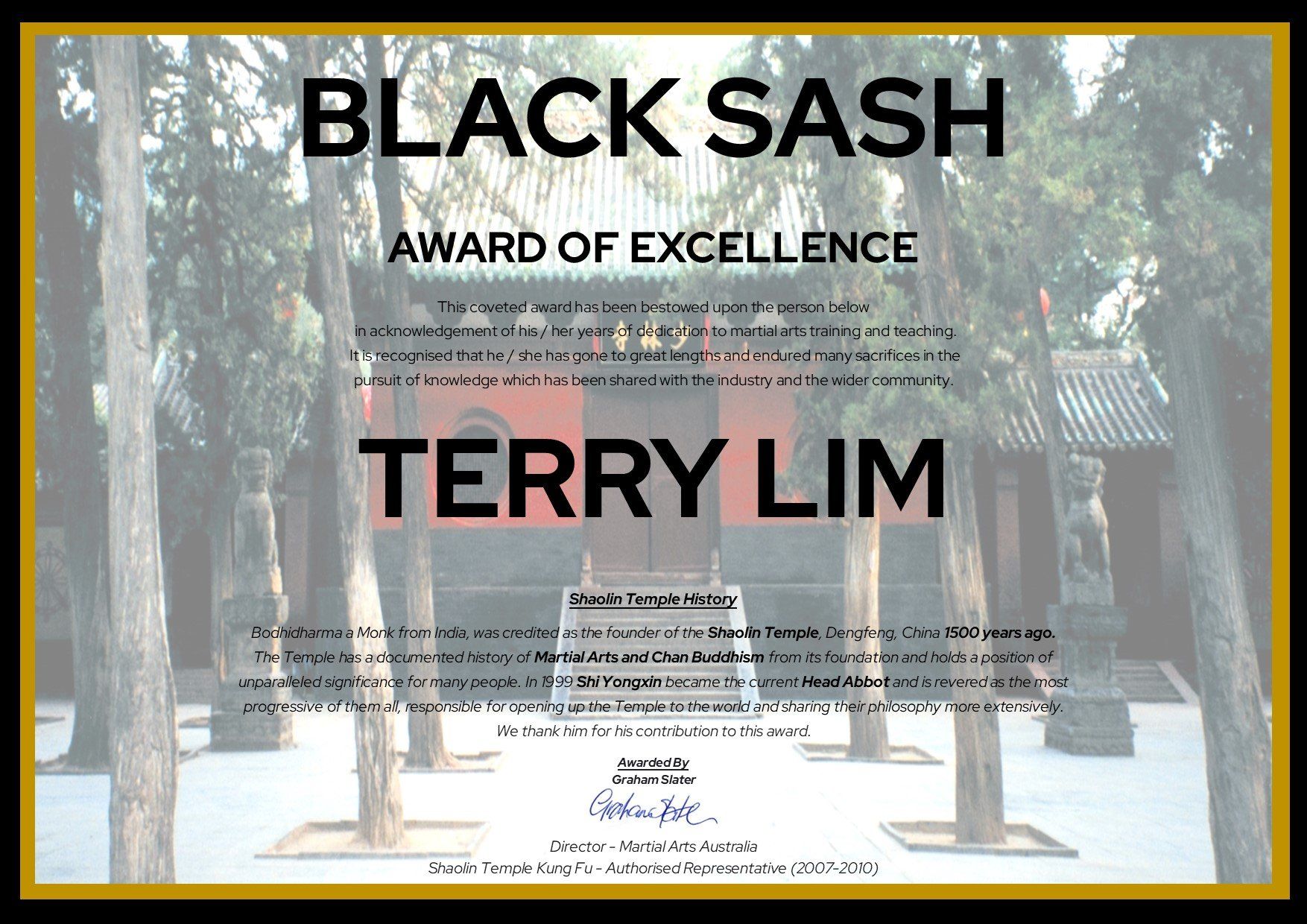 A certificate that says black sash award of excellence terry lim