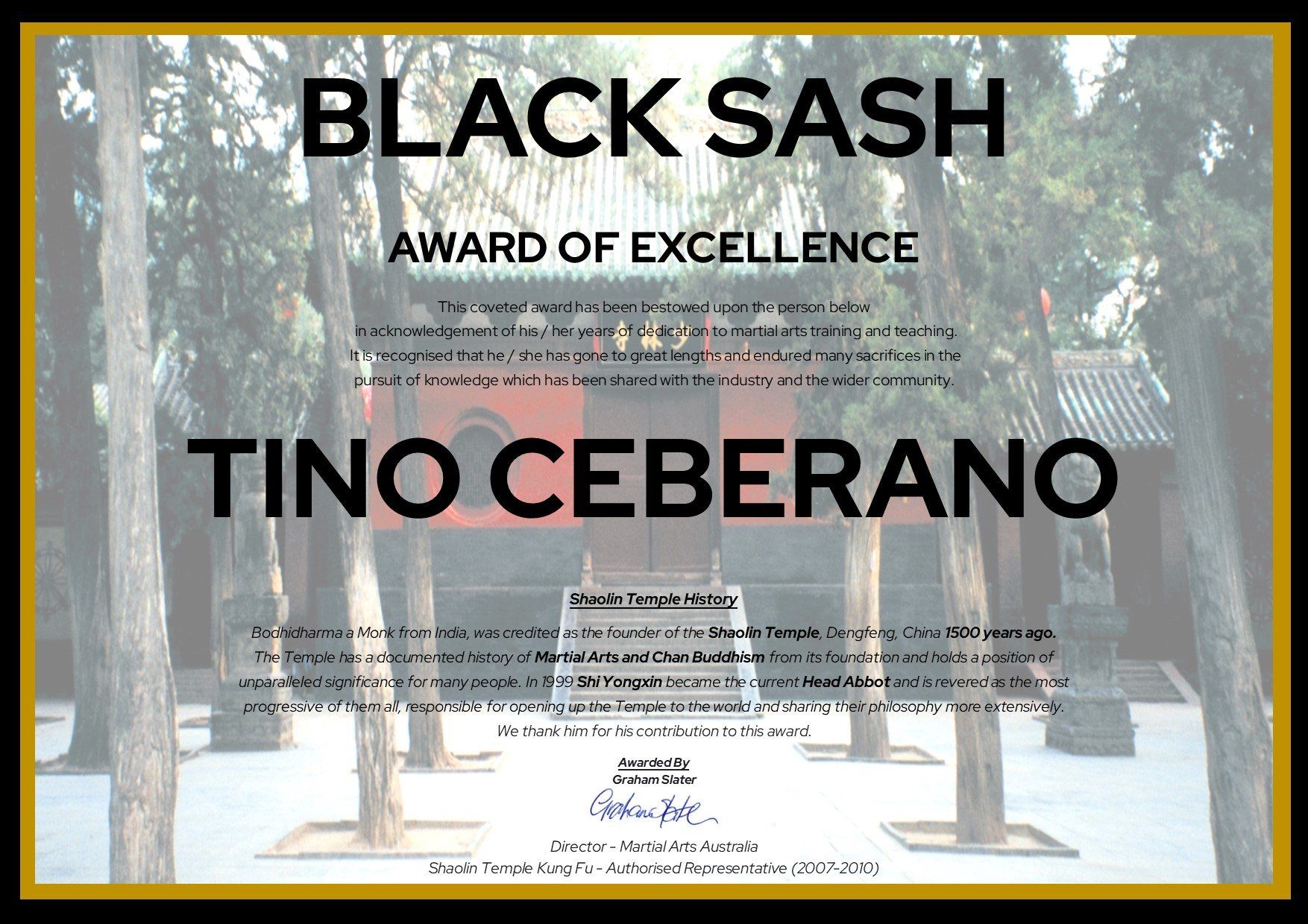 A black sash award of excellence certificate for tino ceberano