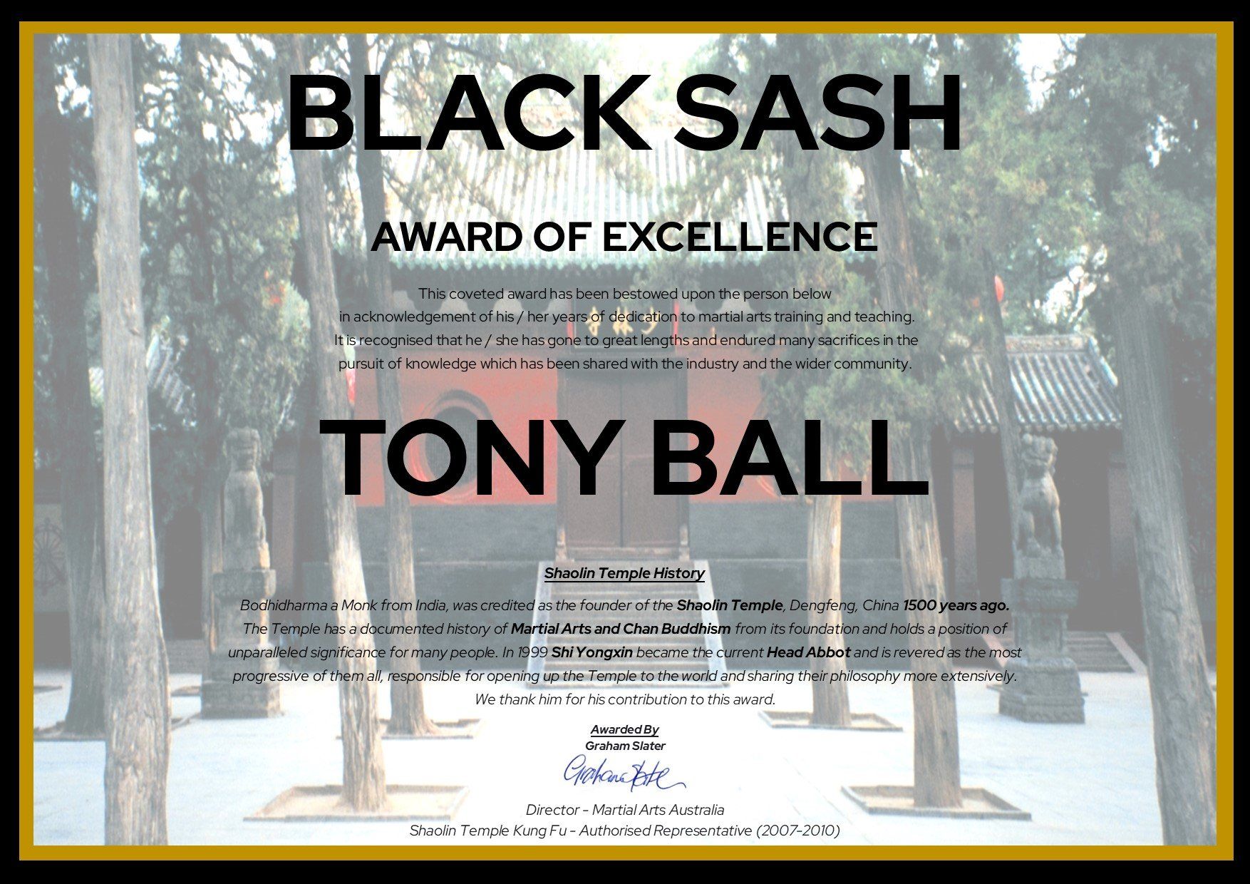 A certificate that says black sash award of excellence tony ball