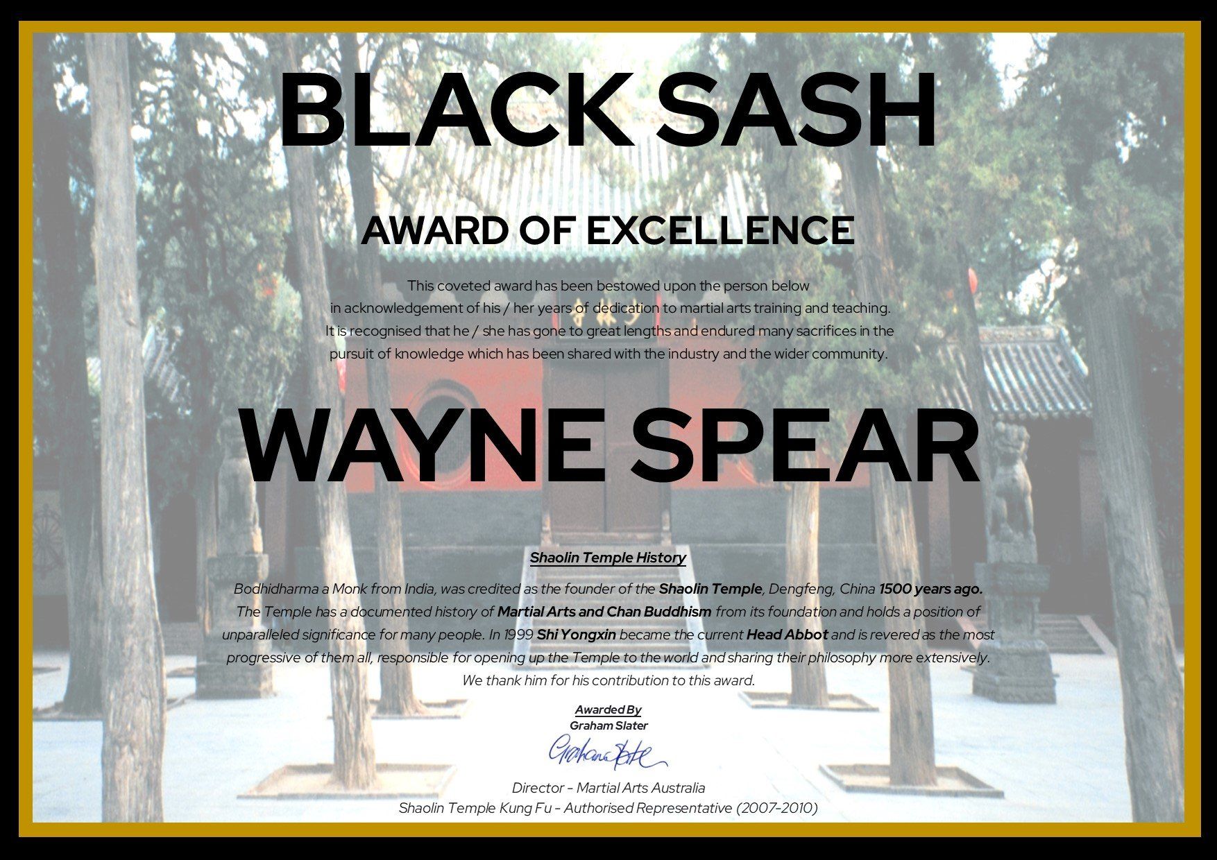 Wayne Spear receiving Black Sash Martial Arts Award
