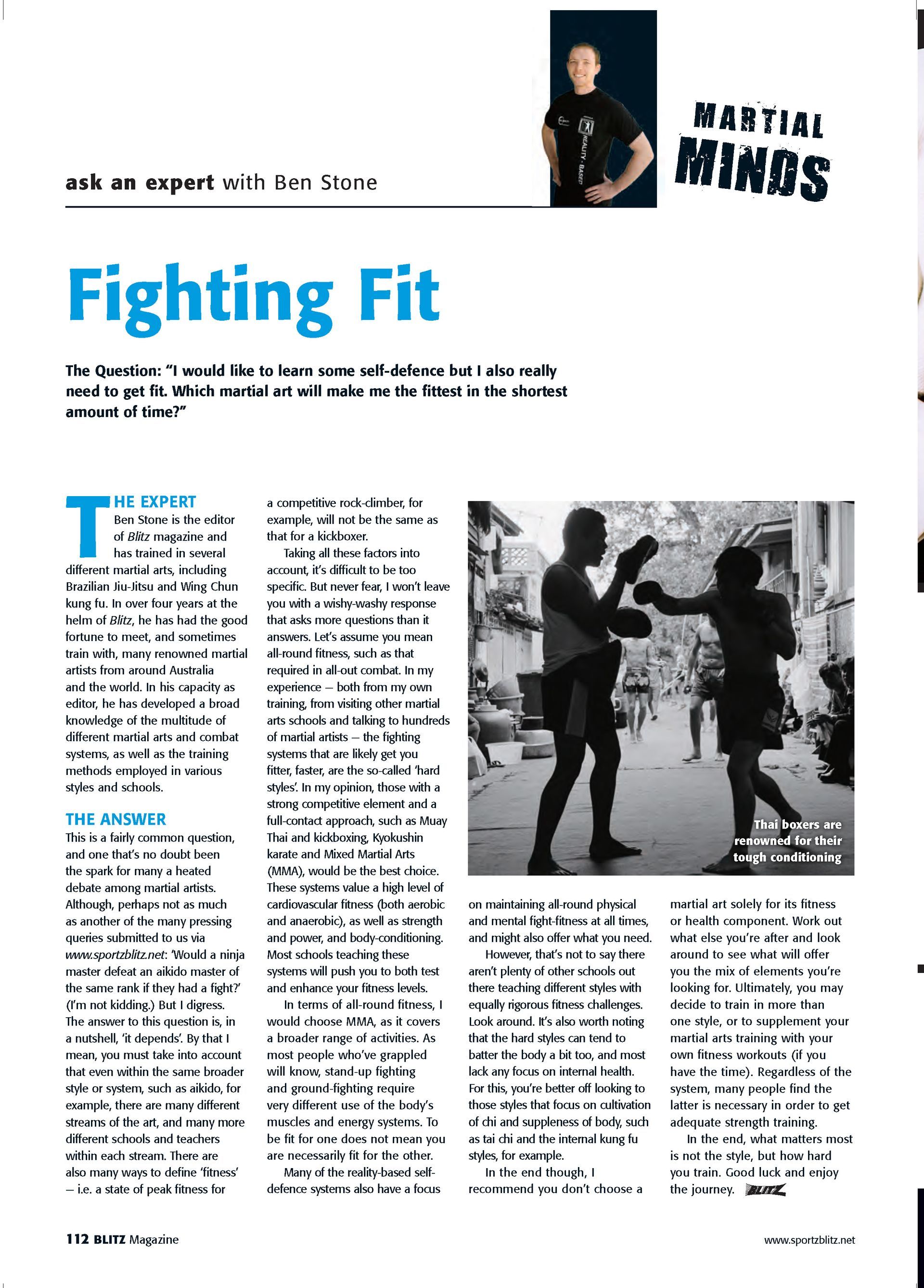 A newspaper article about fighting fit with a picture of two men boxing.