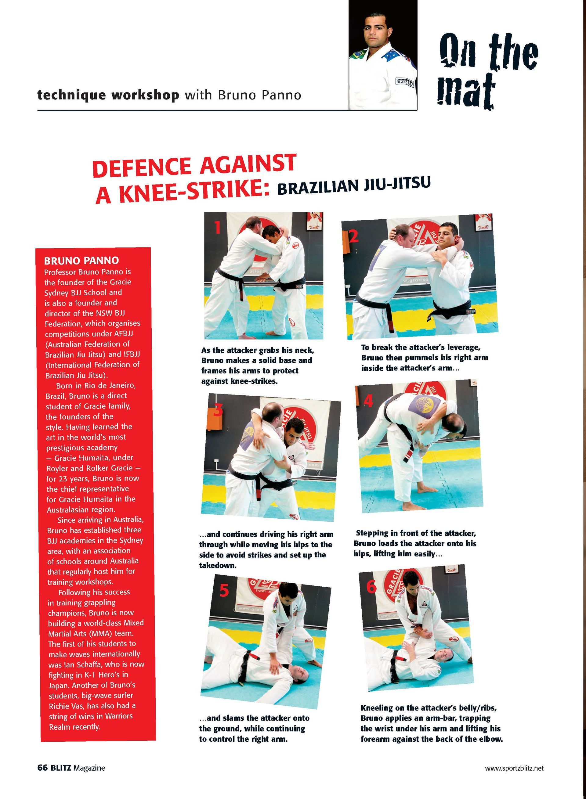 A page of a magazine titled on the mat defence against a knee strike