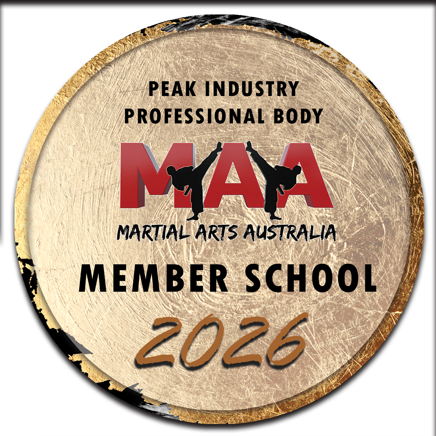 A gold coin with the words `` peak industry professional body maya martial arts australia member school 2025 '' on it.