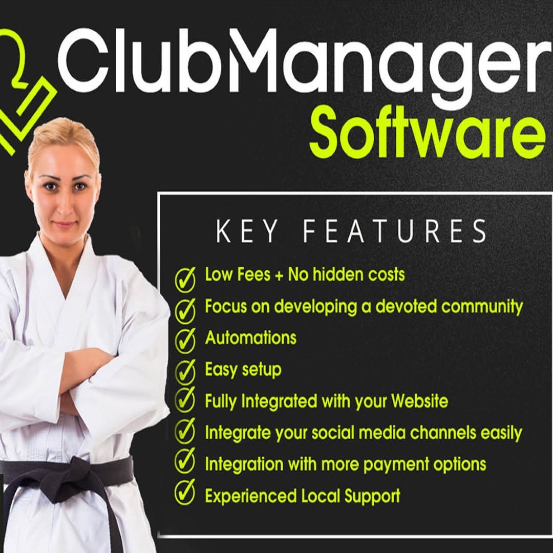 An ad for clubmanager software features a woman in a karate uniform