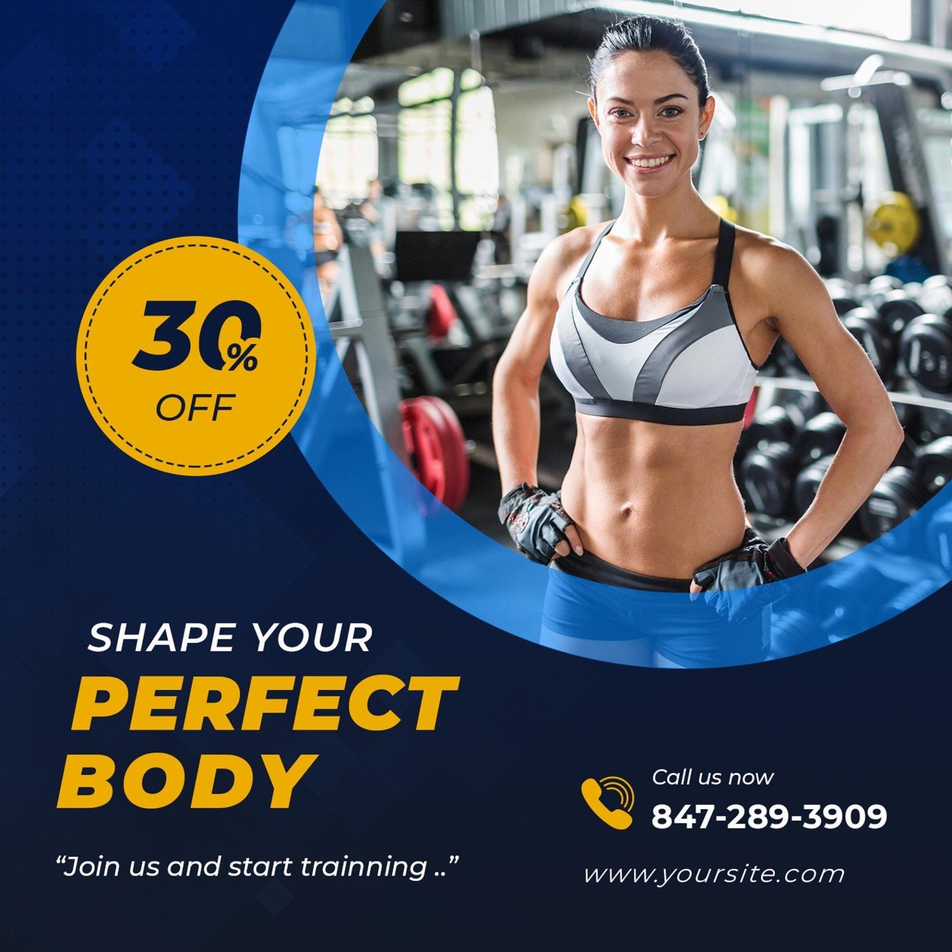 A woman is standing in a gym with a sign that says `` shape your perfect body ''.