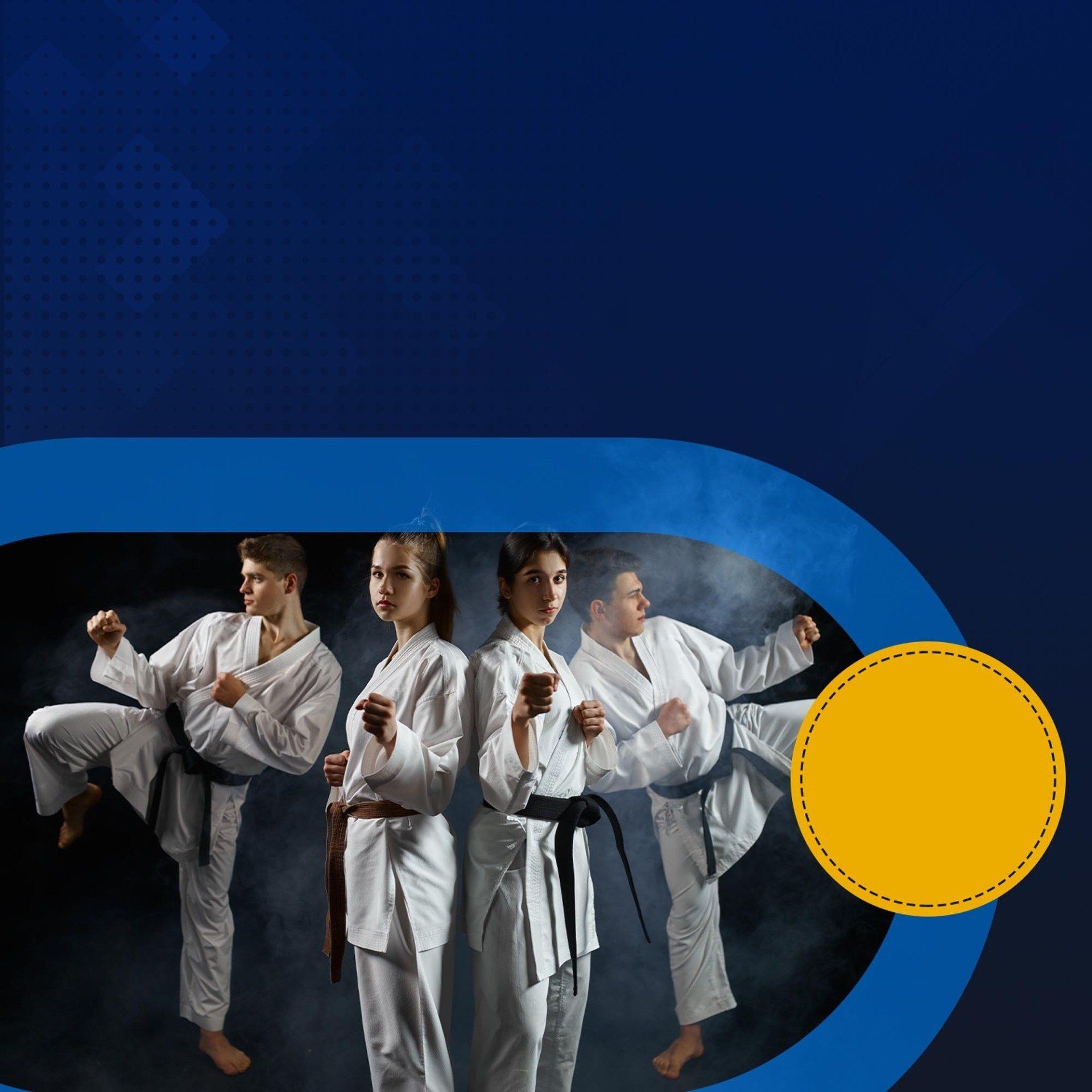 A group of people are practicing karate with a yellow circle in the middle