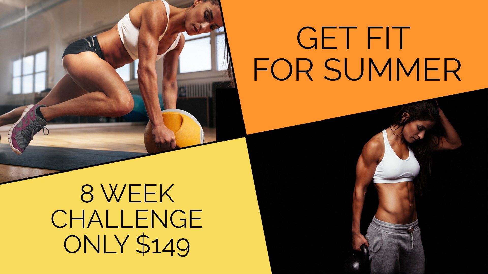 A woman is doing exercises in a gym with the words get fit for summer on the bottom.