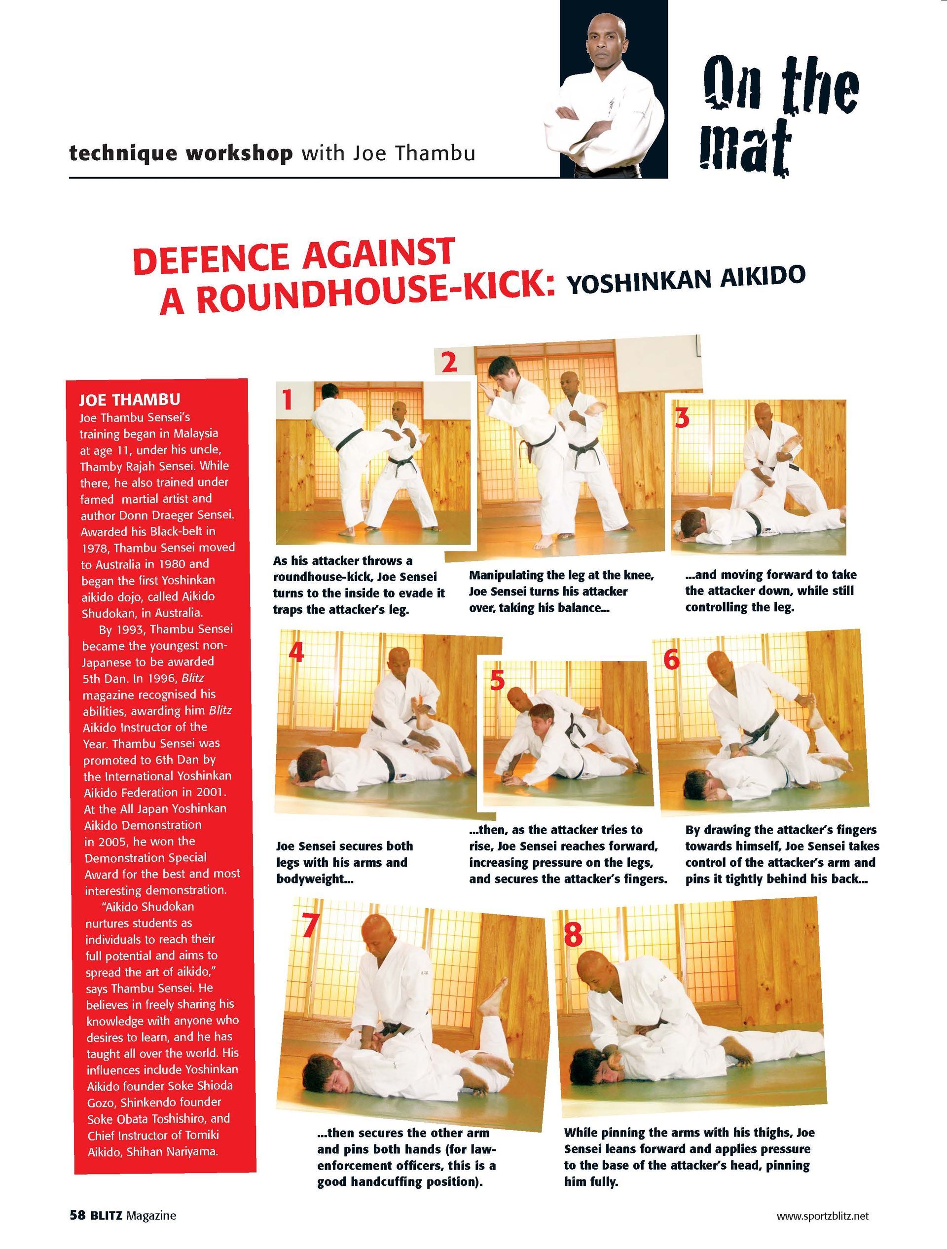 A page of a magazine titled defence against a roundhouse kick.
