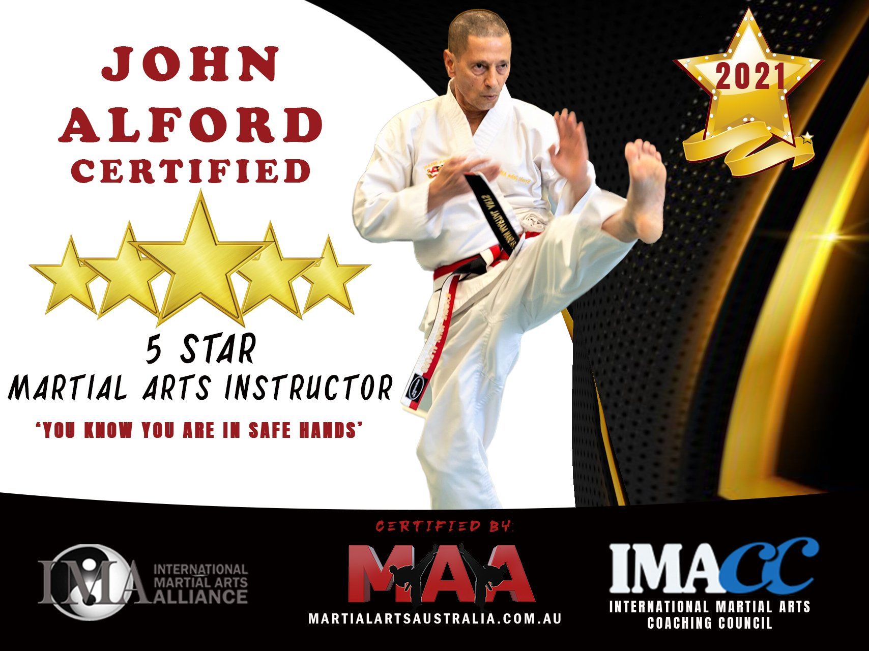 A poster for john alford certified martial arts instructor