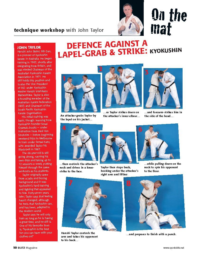 A page of a magazine titled on the mat defence against a lapel grab & strike