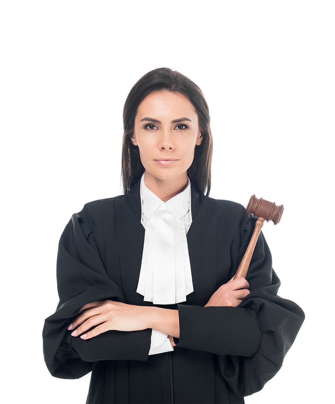 A woman in a judge 's robe is holding a wooden gavel.