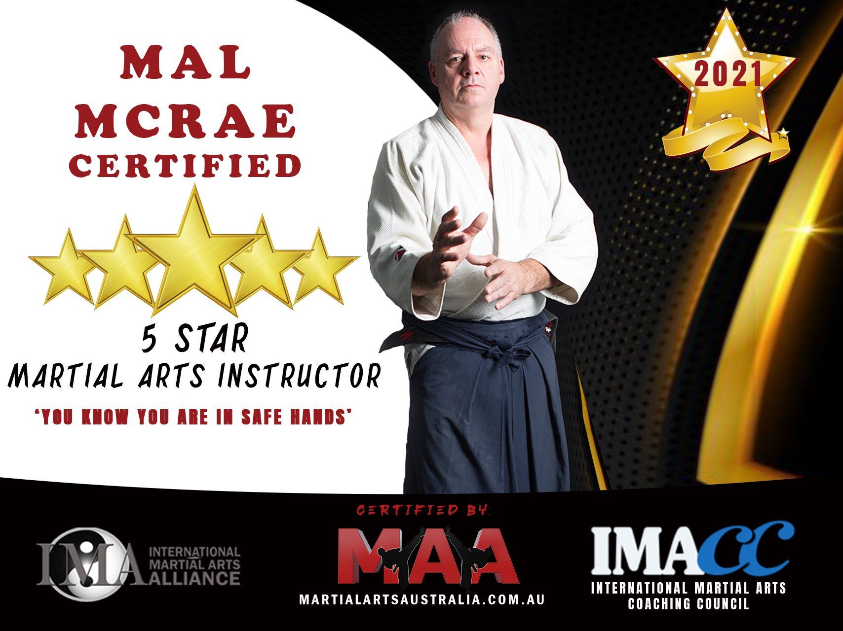 A man is standing in front of a sign that says mal mcrae certified 5 star martial arts instructor