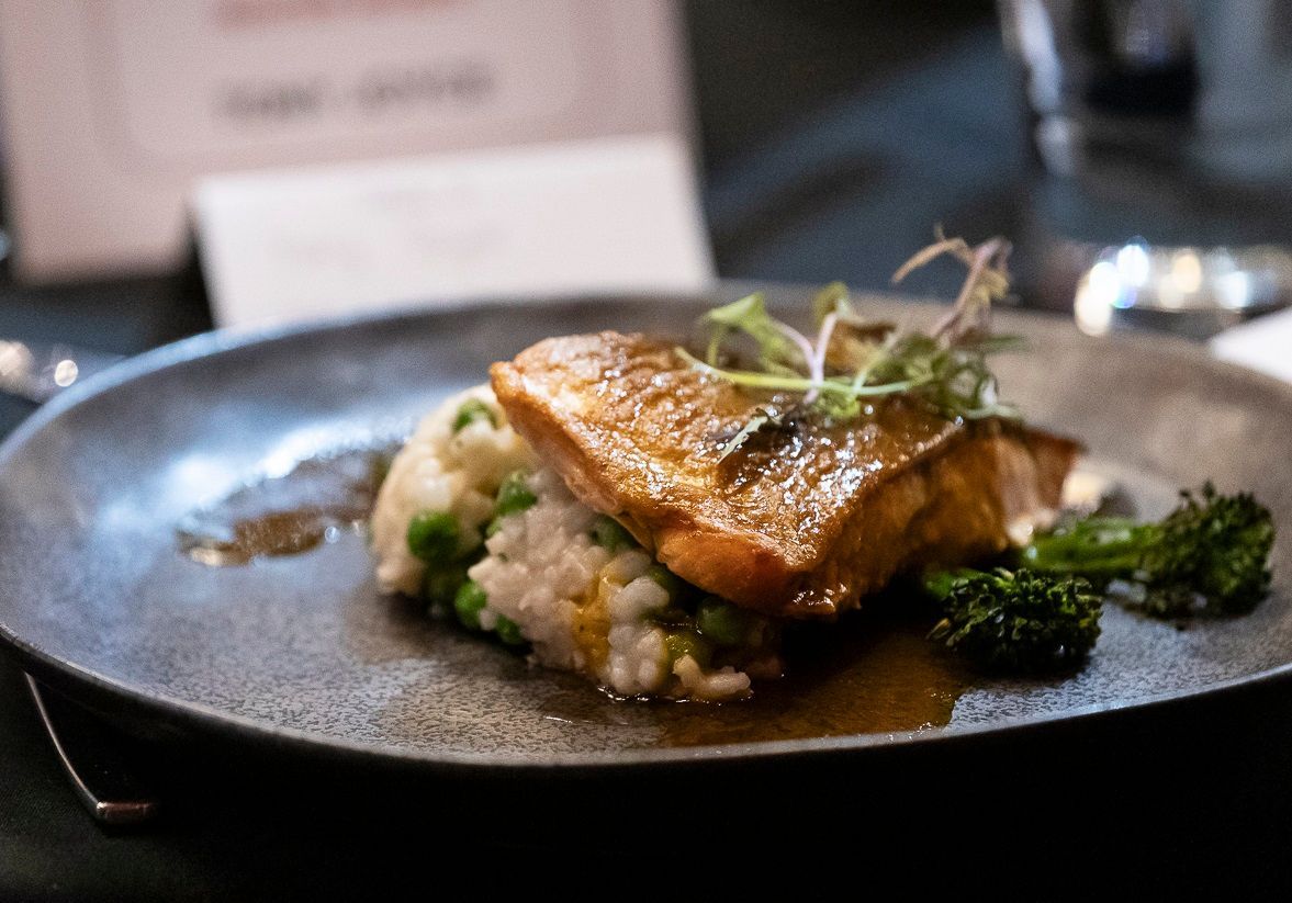 A close up of a plate of food on a table.