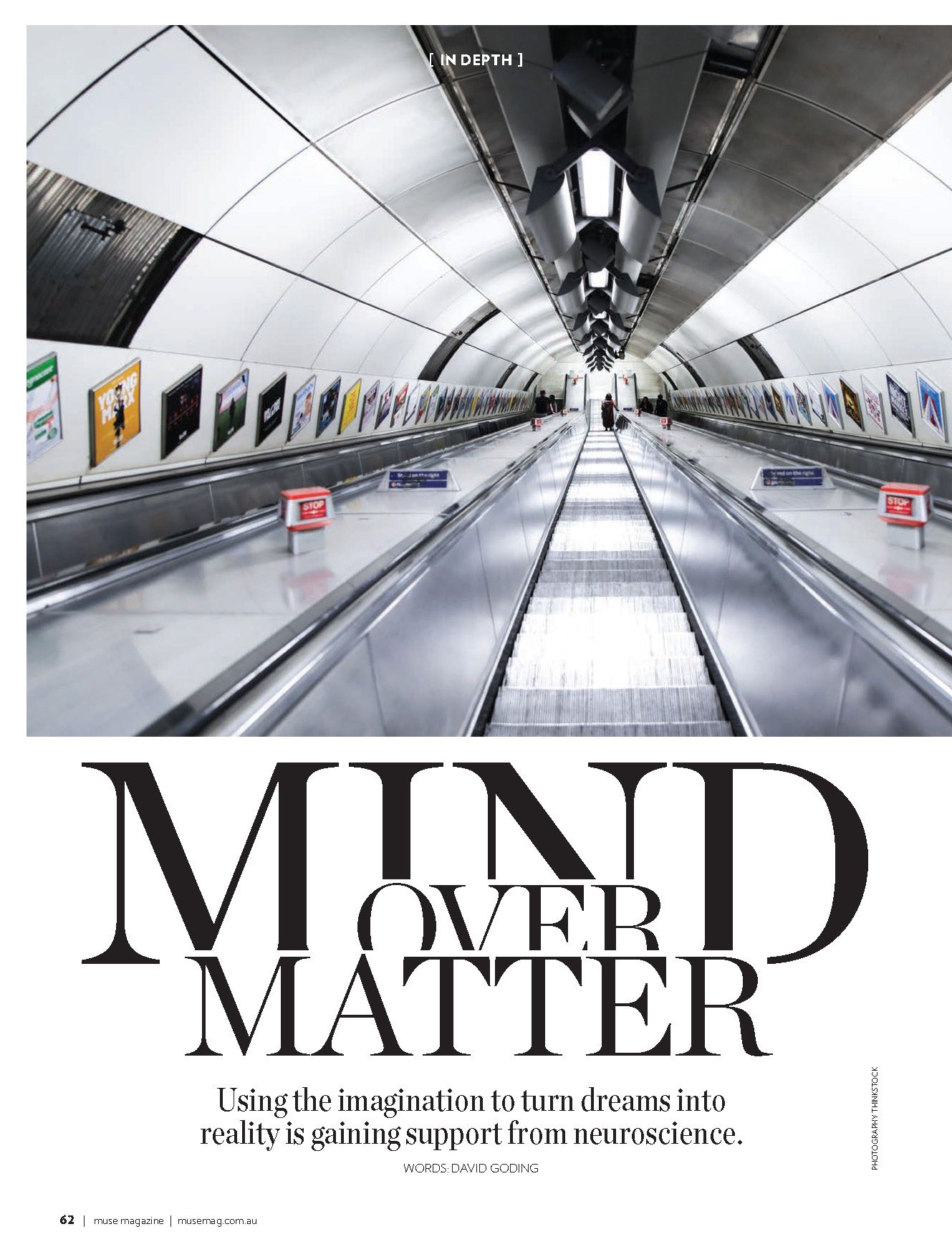 A magazine cover with a picture of an escalator and the words `` mind over matter ''.