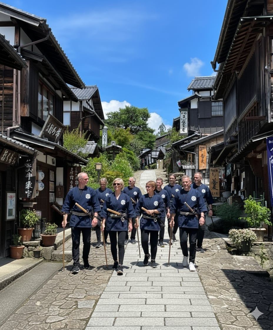 Group walks down a stone street in a historic Japanese town, wearing matching blue outfits.