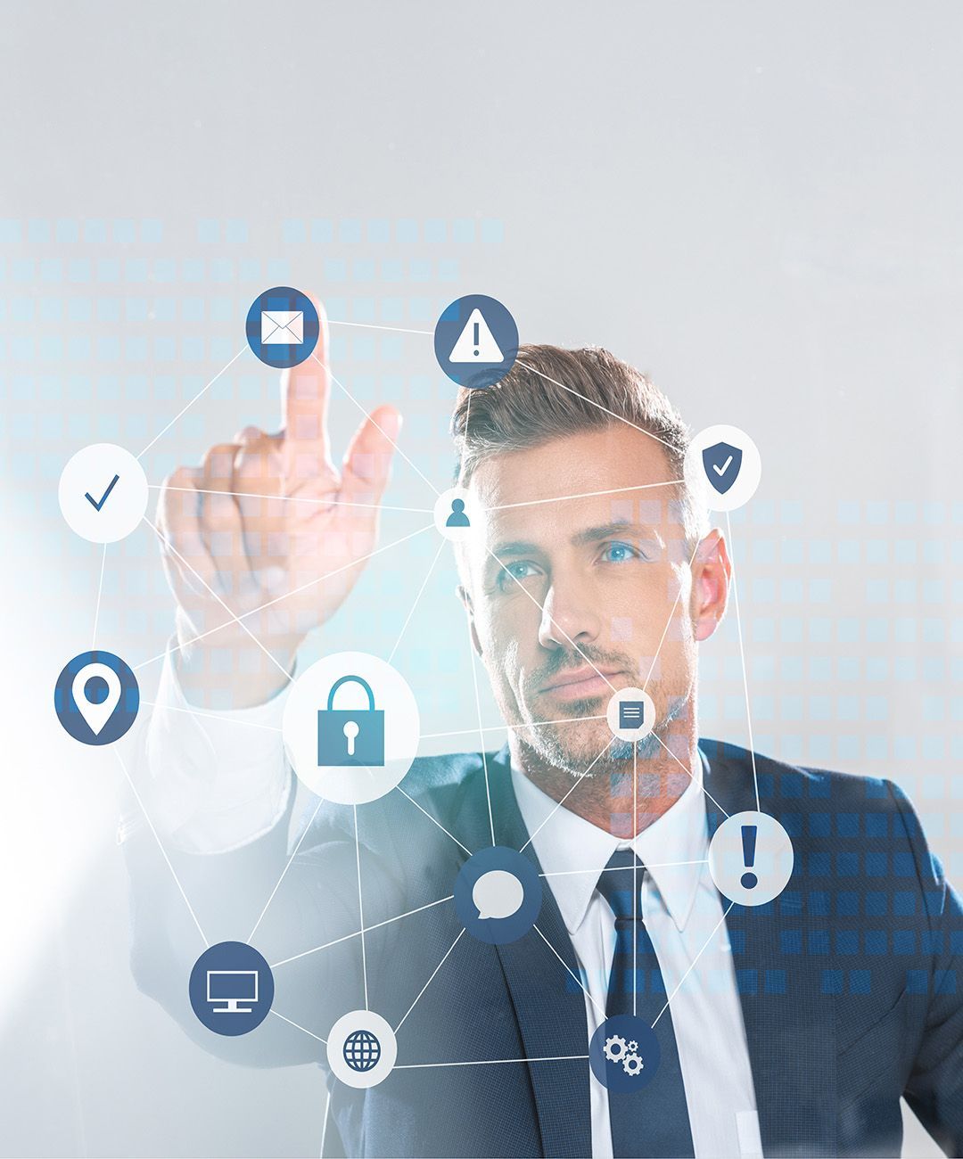 A man in a suit and tie is pressing a button on a screen.