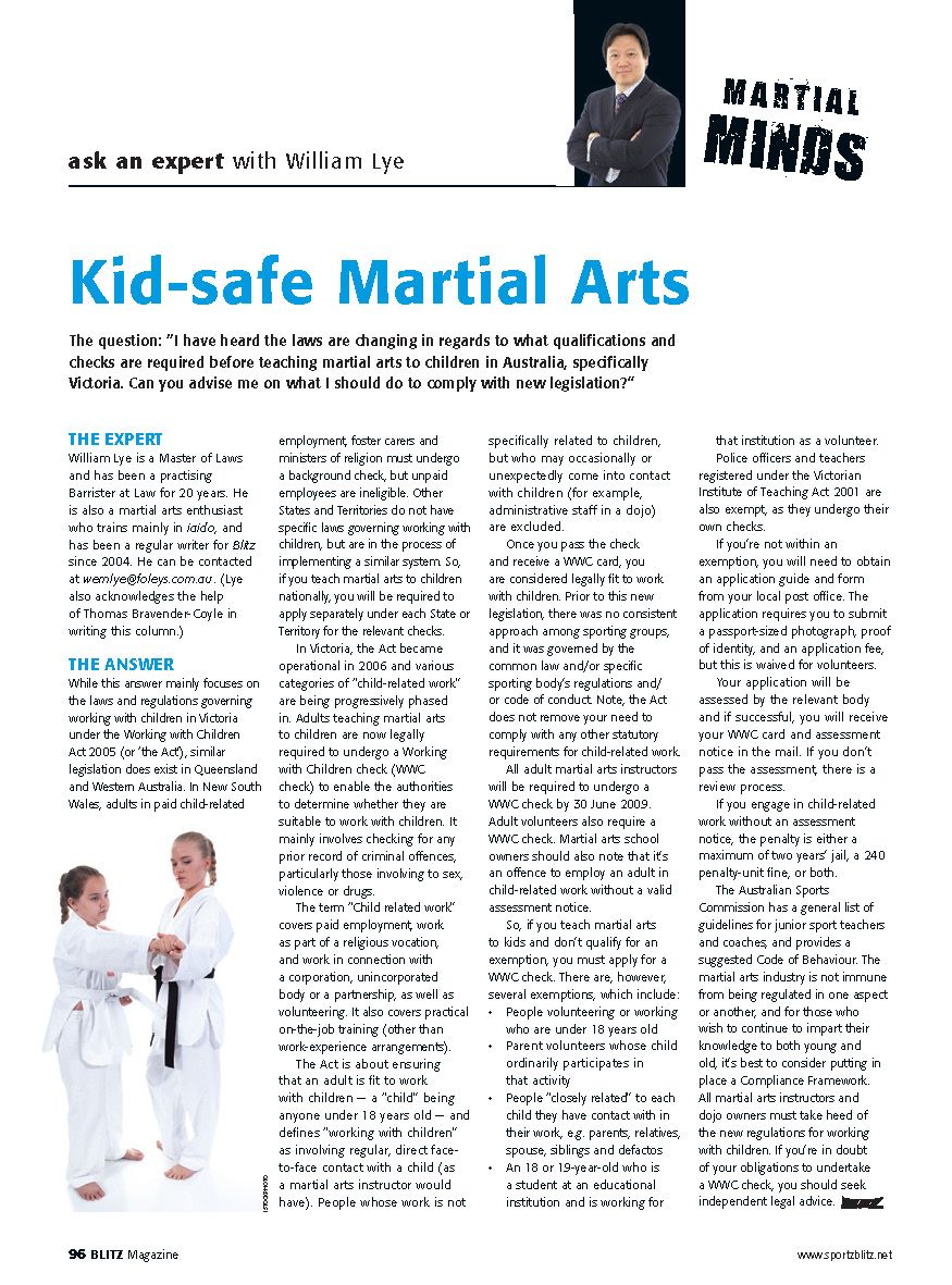 A newspaper article about kid-safe martial arts
